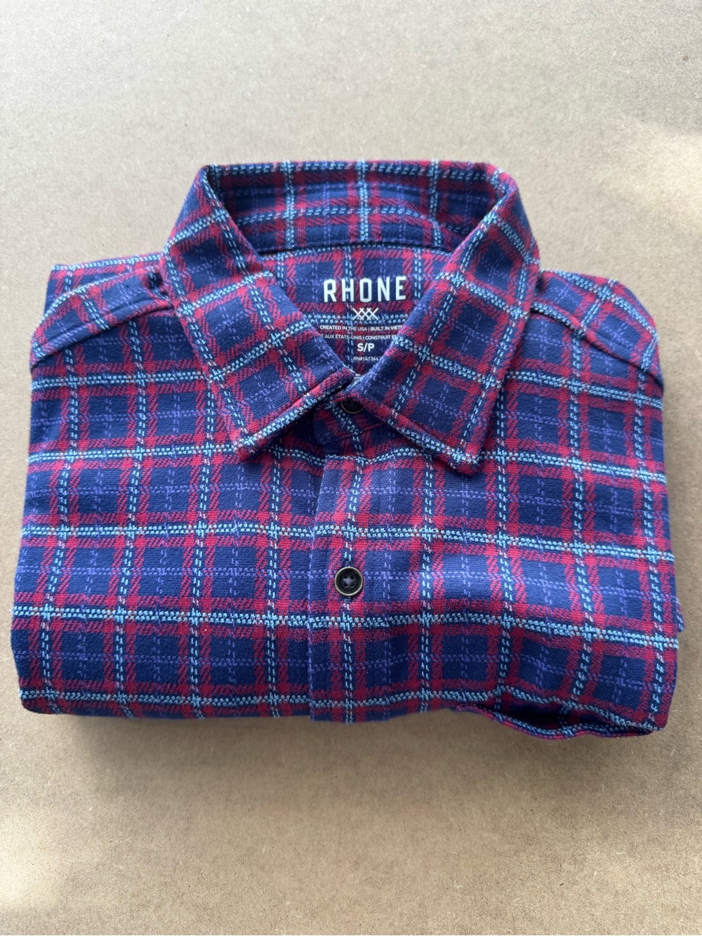 Rhone Hardy Flannel Shirt Mens Small Ocean Cavern Plaid Stretch Relaxed Wicking